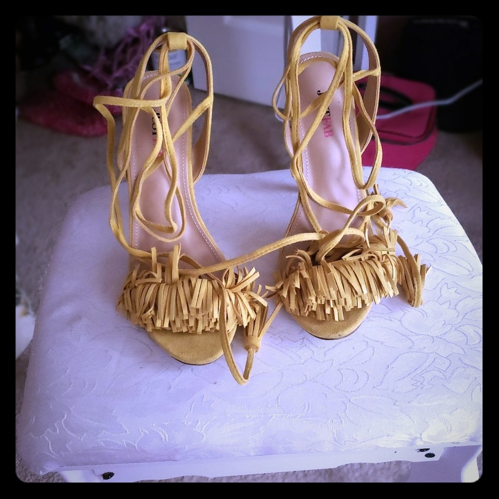 JustFab Yellow Lace Up Fringe Heels